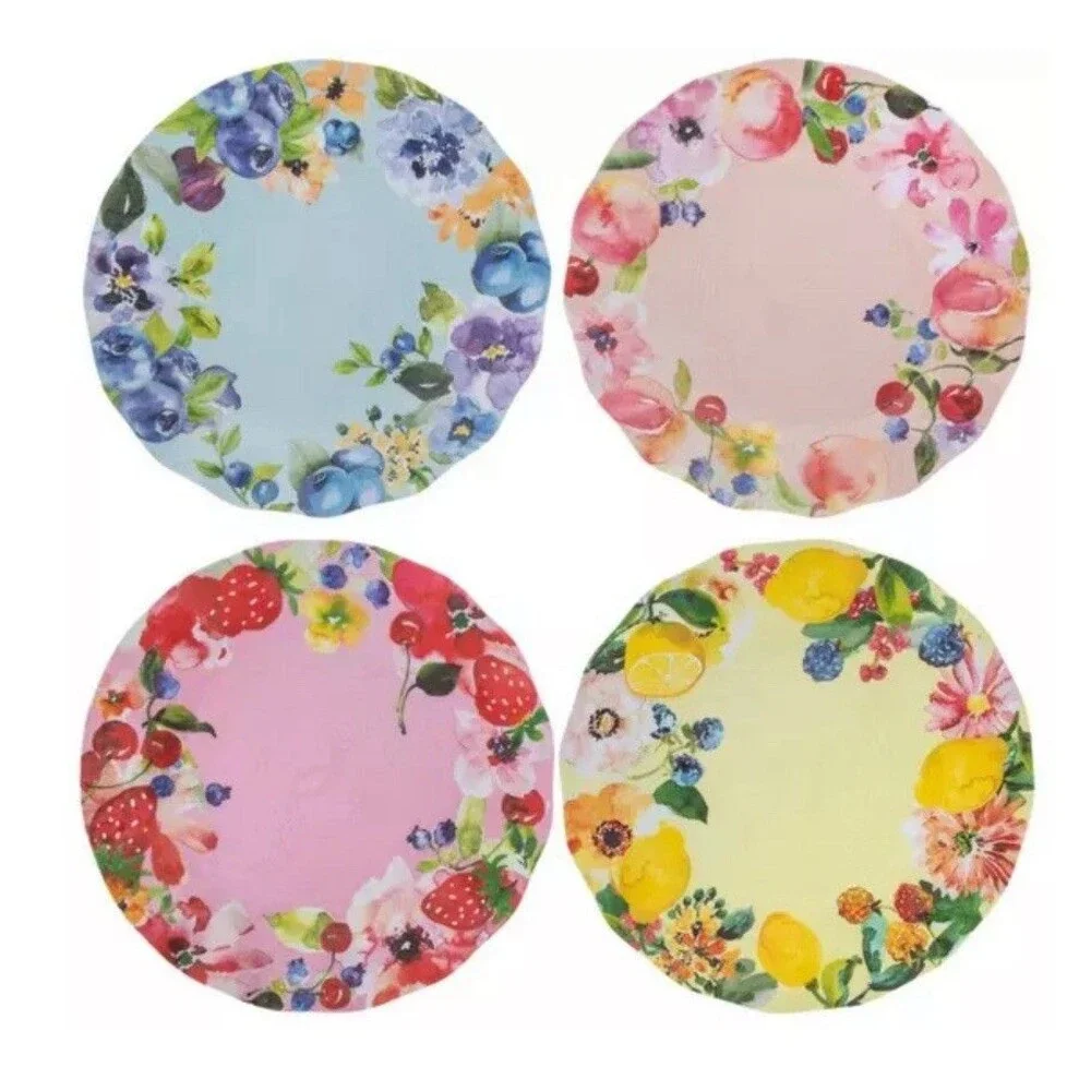 New Set 4 Melamine Dessert Plates 10” Easy Clean Design Fruit & Flower
